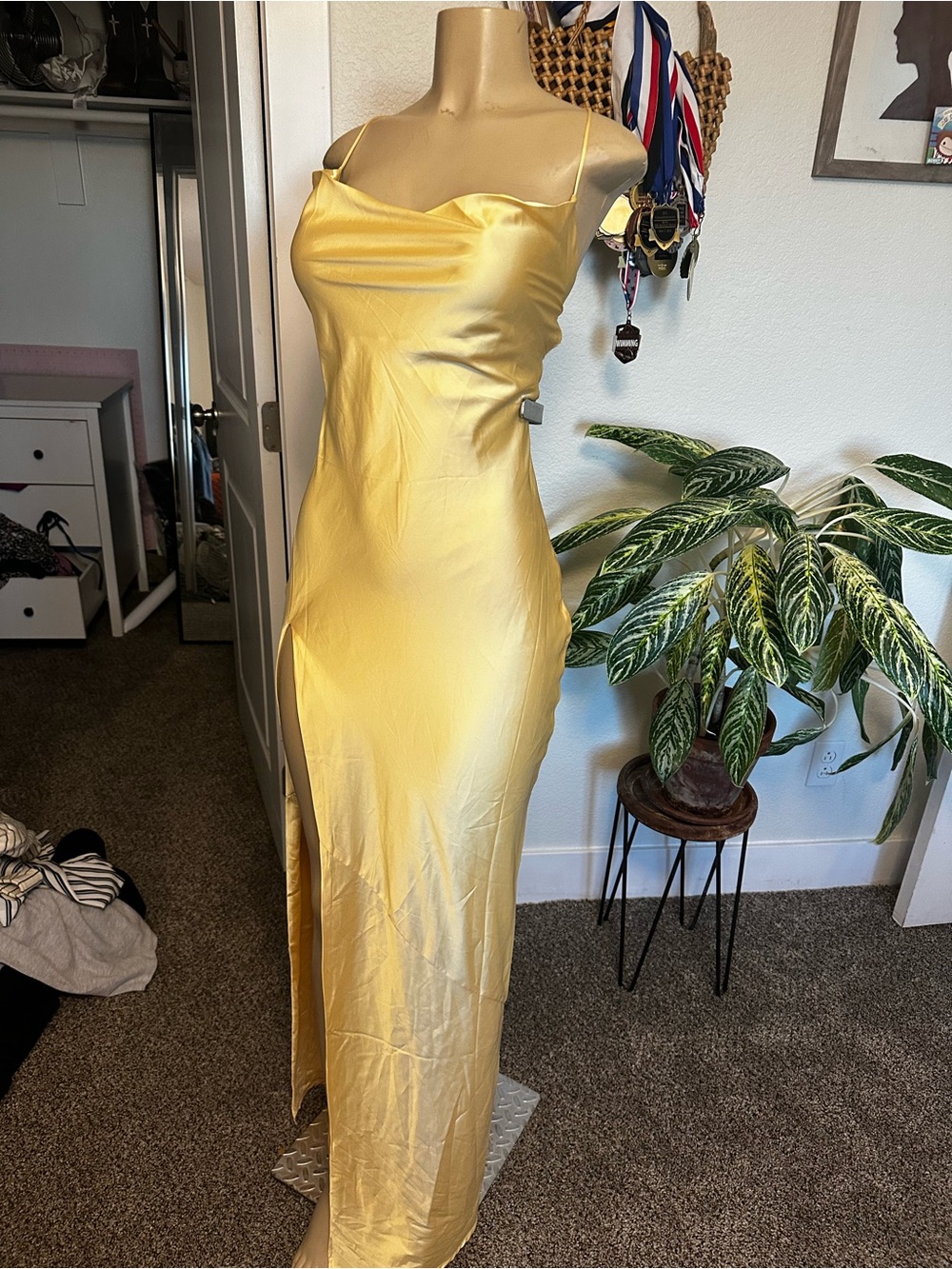 Satin Yellow Cowl Neck Prom Gown with Side Slit